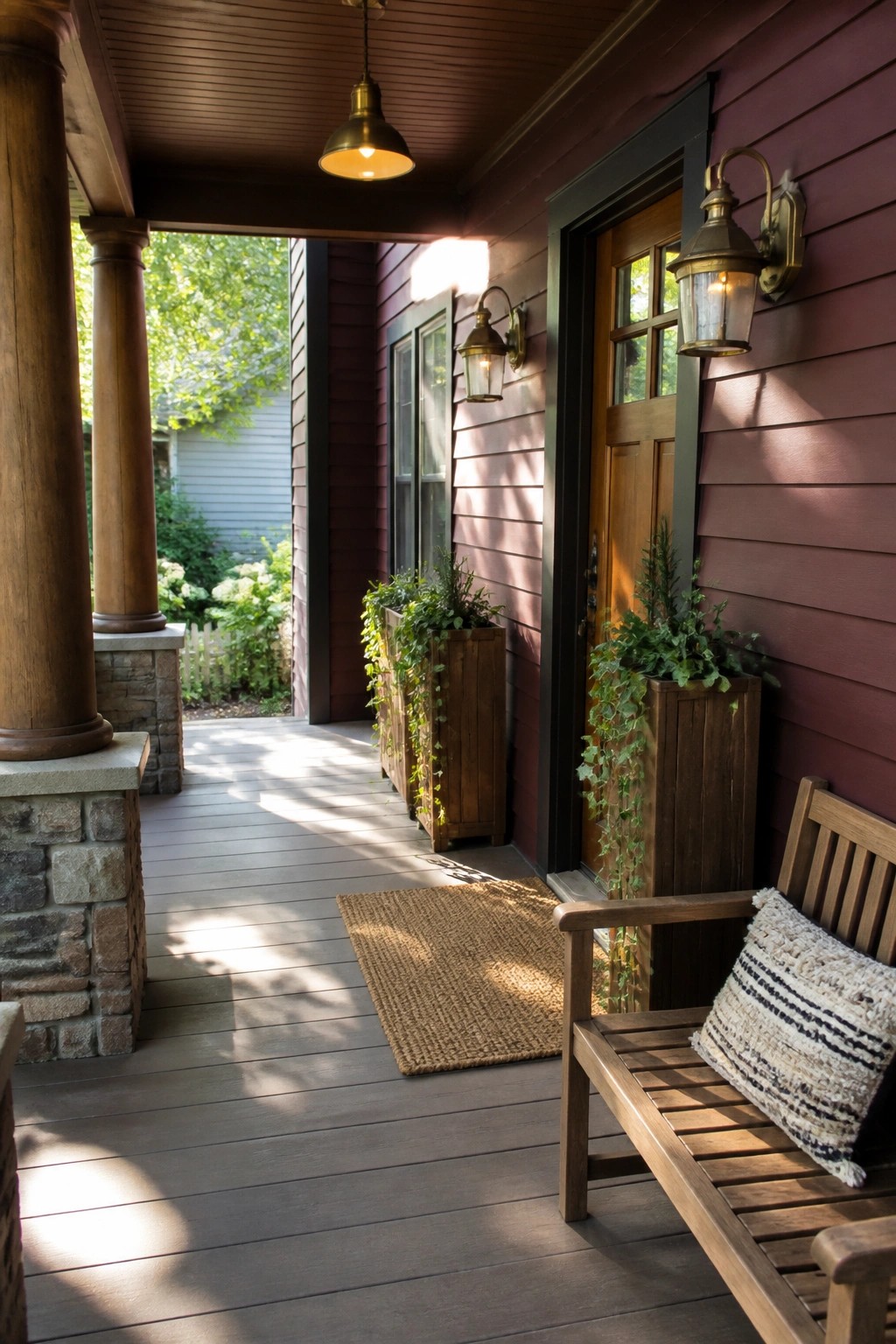 A wooden bench with a striped pillow on a porch with deep burgundy horizontal lap siding, wooden planters with vines, a woven rug, and a front door.