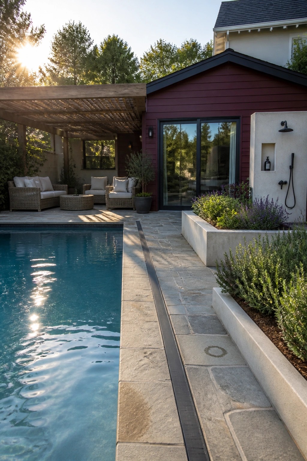 A house with burgundy horizontal lap siding next to a rectangular pool, stone patio, outdoor seating under a pergola, and an outdoor shower on the wall.