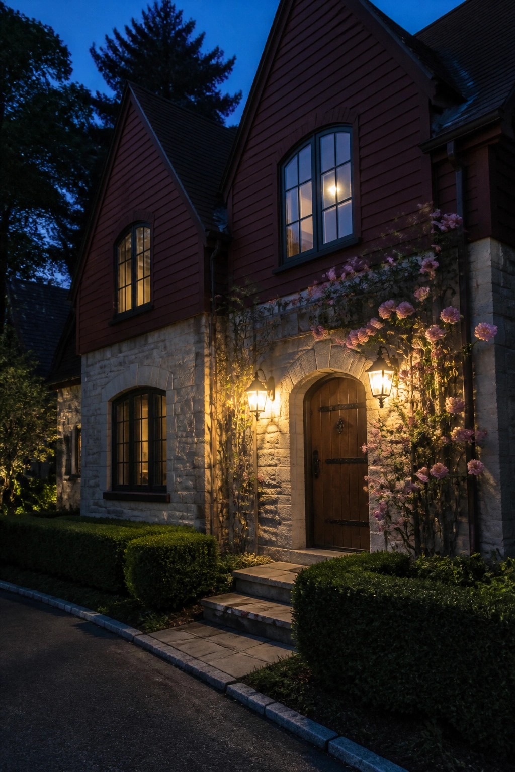 A two-story house with burgundy horizontal lap siding over a stone foundation, wooden front door, arched windows, and climbing roses lit by wall sconces at dusk.