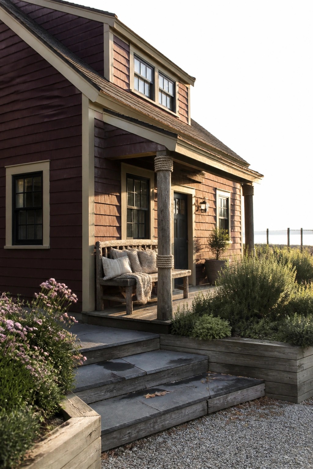 A house exterior with deep burgundy horizontal lap siding, cream trim, a front porch supported by wooden posts, and stone steps leading to the door.