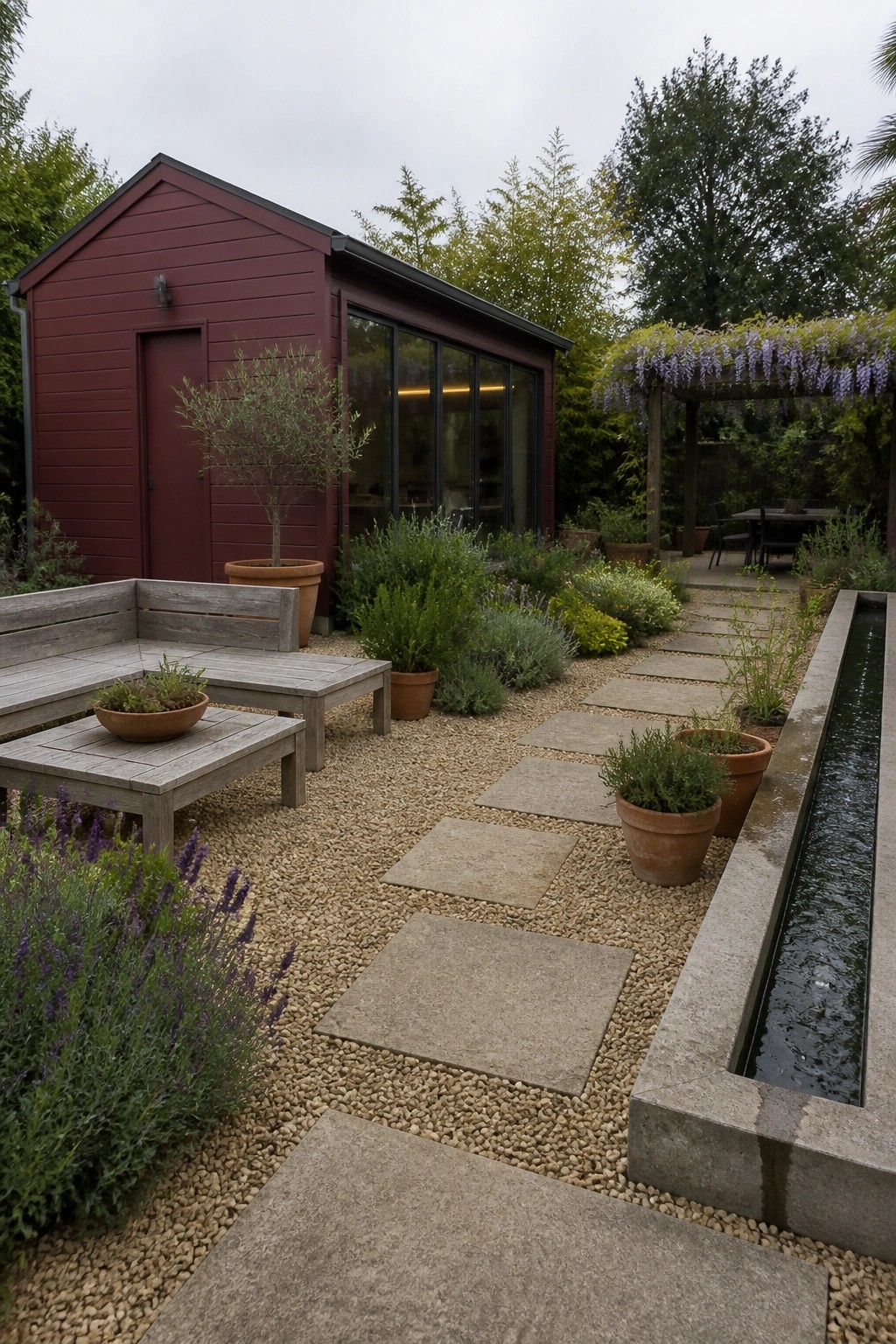 A garden building with deep burgundy horizontal lap siding beside a gravel path lined with stone pavers and potted plants.