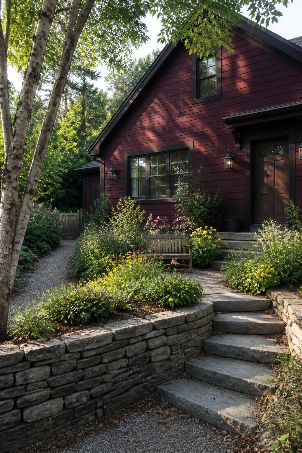 Red wooden house with stone steps, bench amid lush garden flowers and trees.