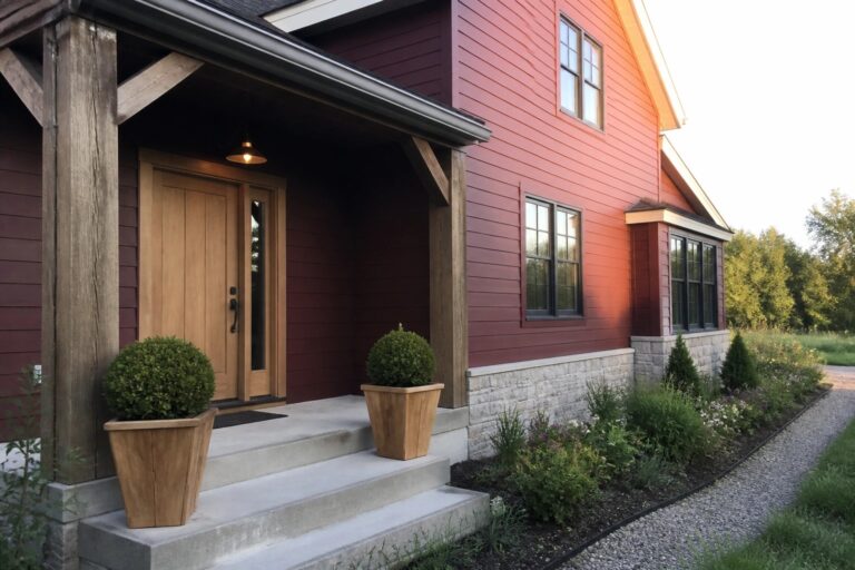 A two-story house exterior with deep burgundy horizontal lap siding, a wooden front porch supported by timber beams, a stone foundation, and potted shrubs flanking the concrete steps.