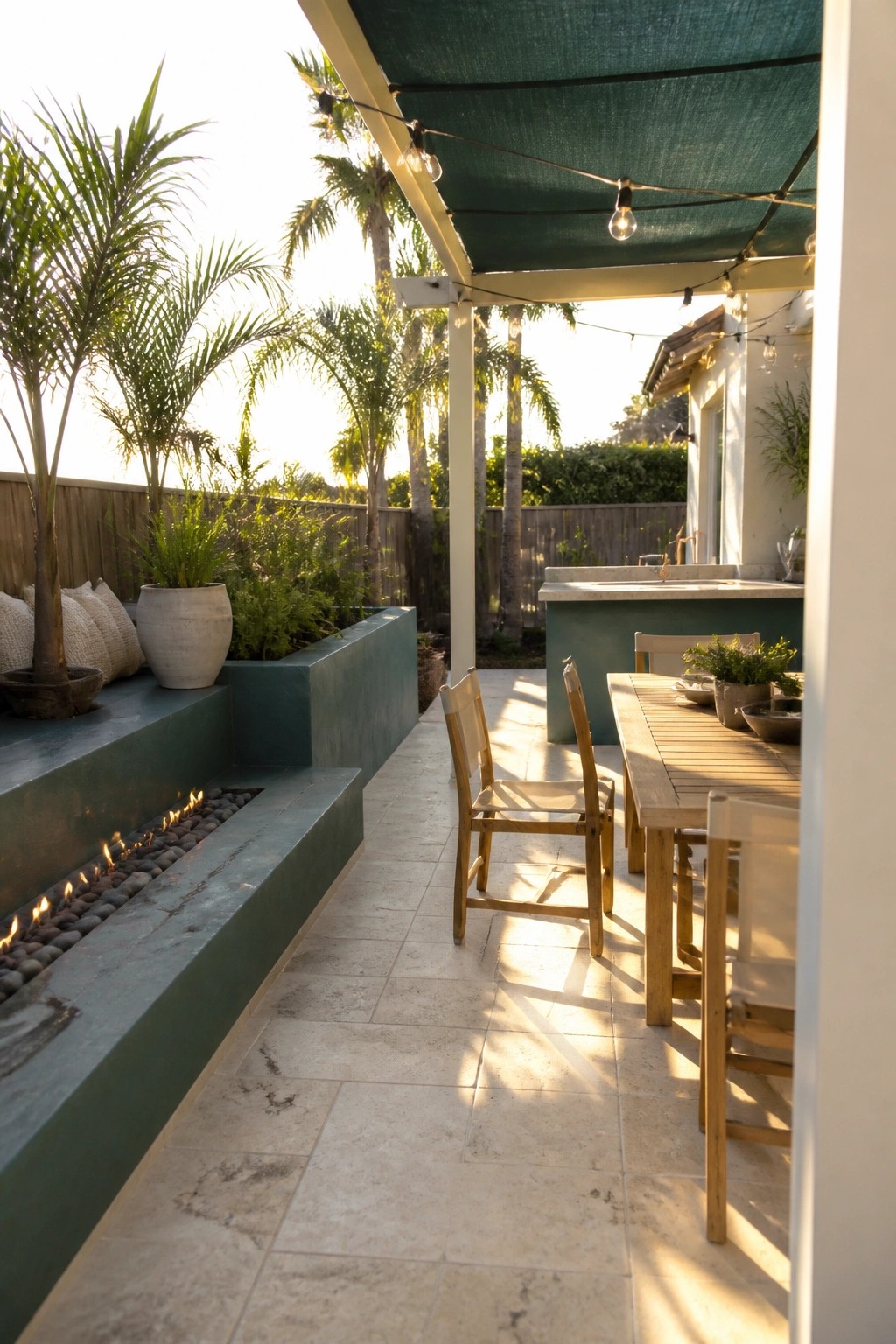 An outdoor patio with a long teal built-in bench containing a linear fire feature, a wooden dining table with chairs nearby, and a green shade overhead.