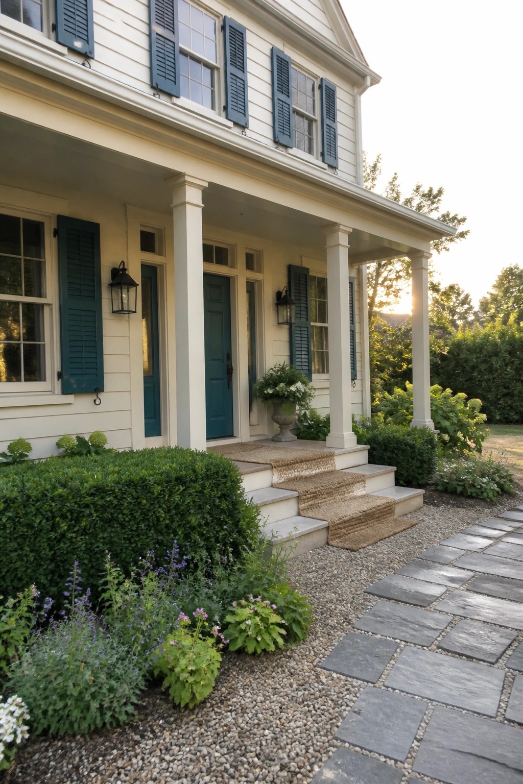 A two-story cream house with teal doors and shutters, white porch columns, stone steps with a woven runner, and gravel beside a stone path.