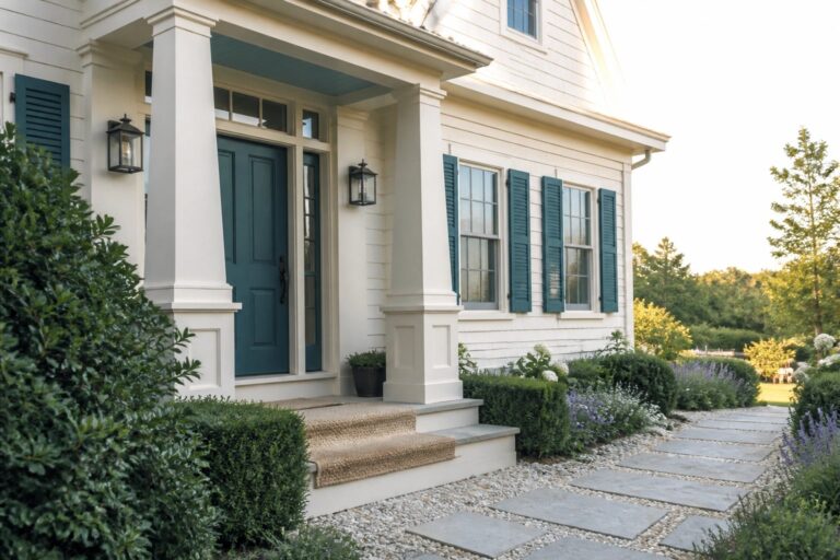 A two-story cream house with teal doors and shutters, white porch columns, stone steps with a woven runner, and gravel beside a stone path.