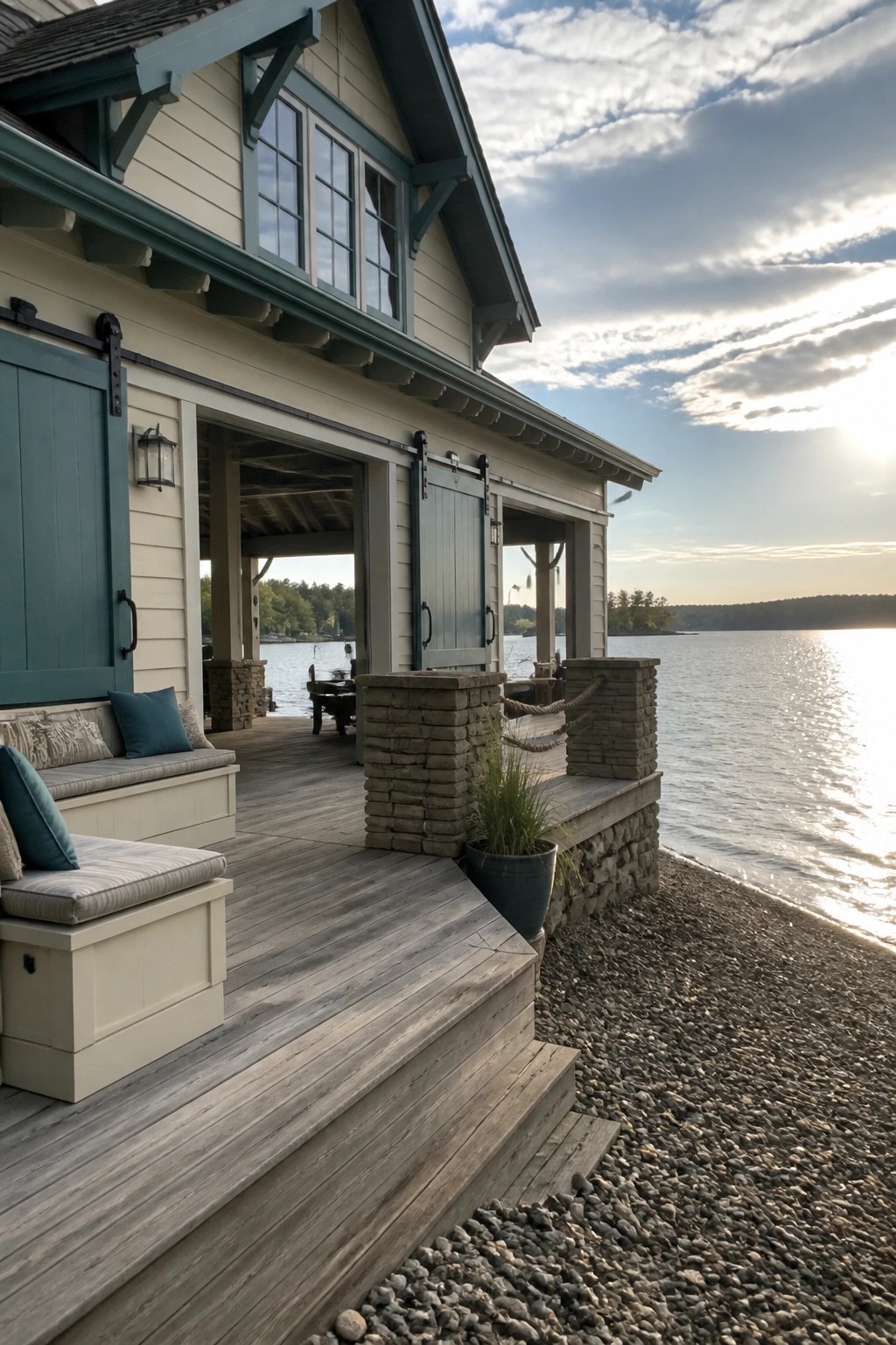A cream-colored house exterior with teal trim, doors, and shutters sits beside a wooden deck overlooking a lake at sunset.