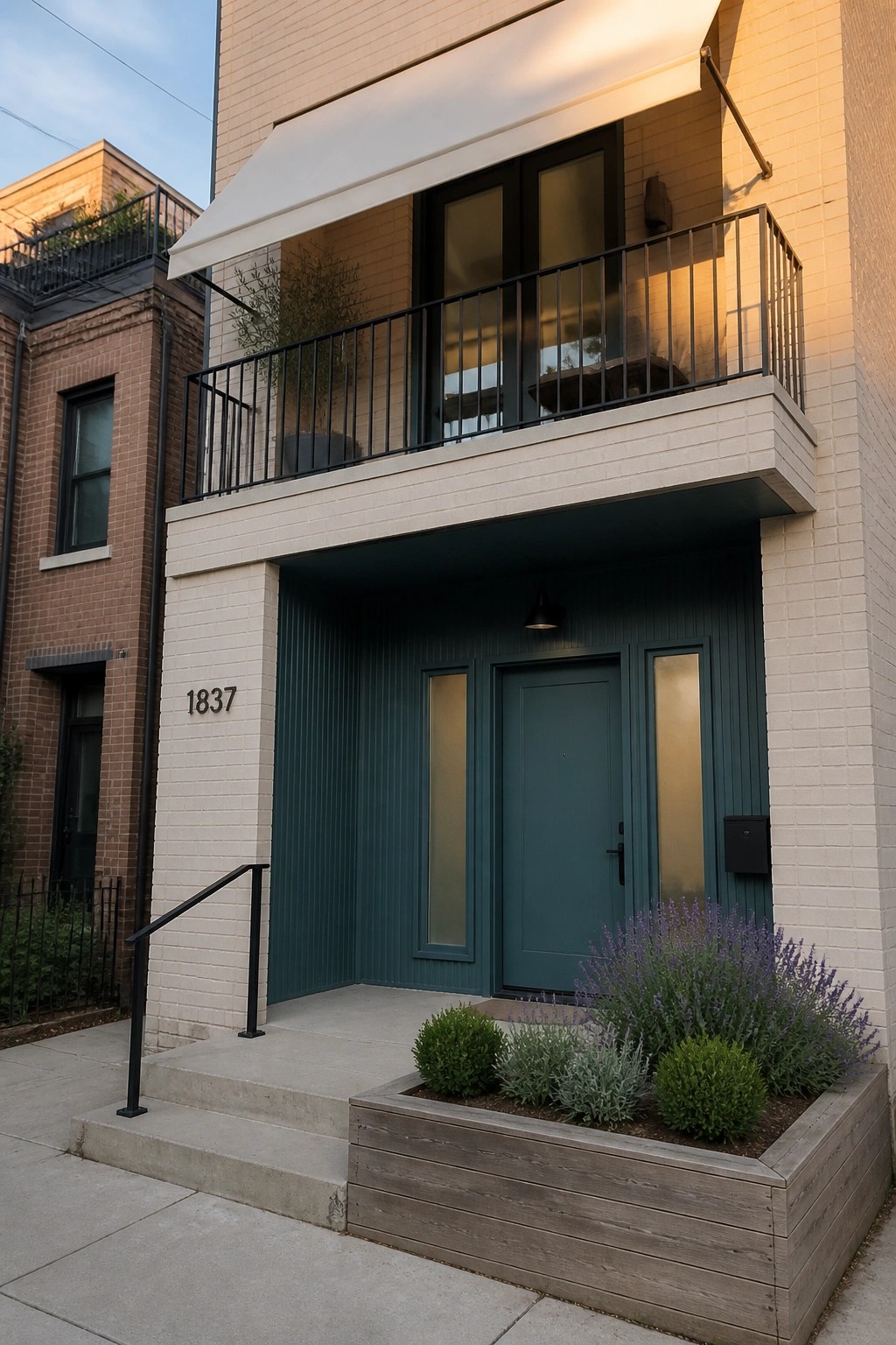 A two-story house exterior showing cream brick walls, a teal front door with glass sidelights, a second-floor balcony, and a wooden planter box with lavender and shrubs at the entrance.