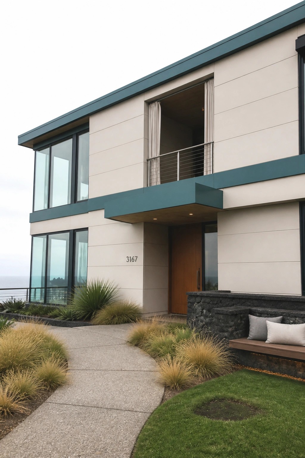 Modern two-story house exterior with cream panels, teal roofline and overhang trim, large windows, and a wooden front door.