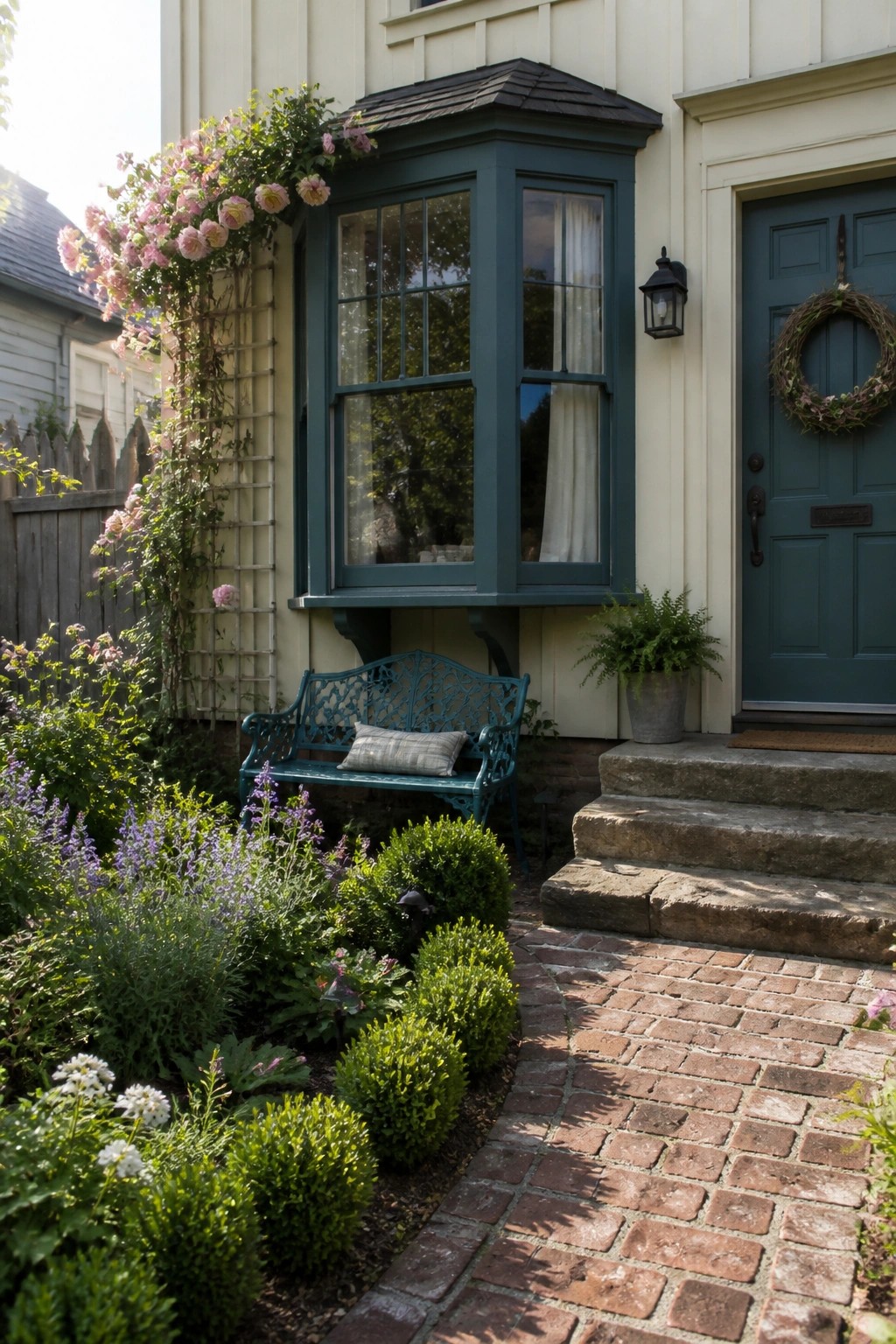 A cream house exterior features a teal bay window, teal front door with wreath, stone steps, brick path, and surrounding garden with flowering plants and a bench.