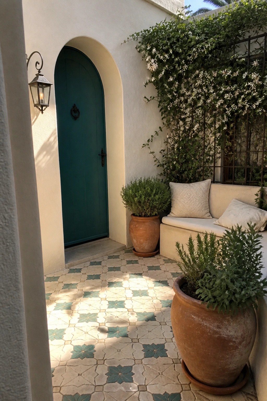 A teal arched wooden door in a cream stucco wall opens onto a tiled courtyard with terracotta pots and a built-in bench.