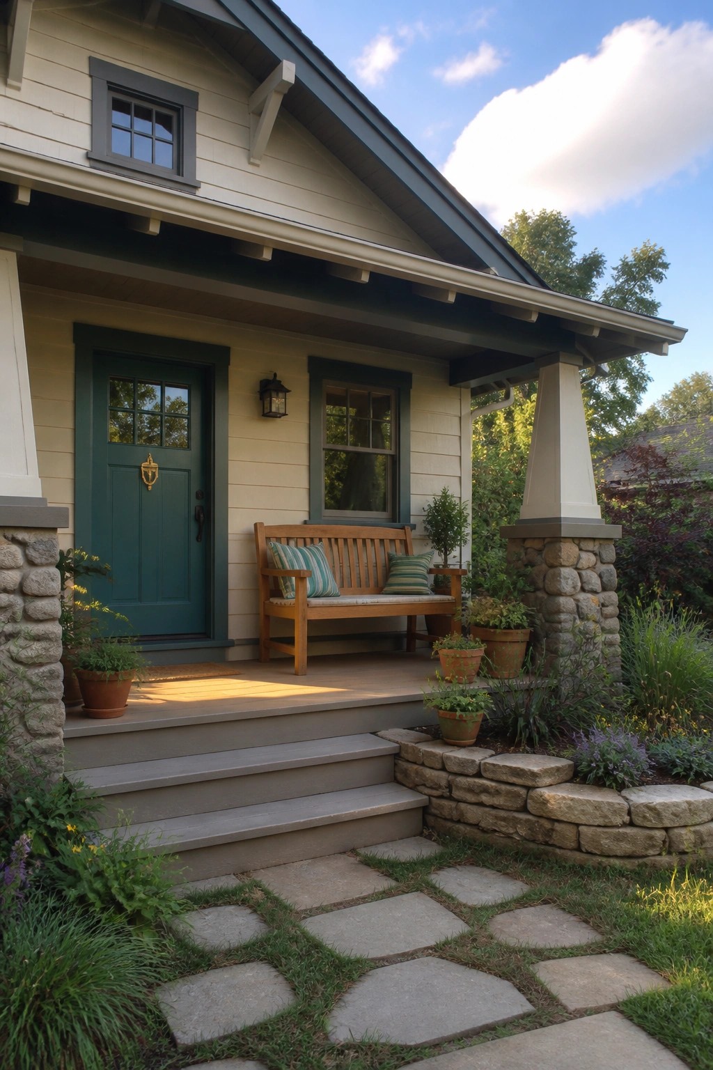A cream-sided house with a teal front door, teal window trim, a wooden bench on the porch, and stone steps leading to the entry.