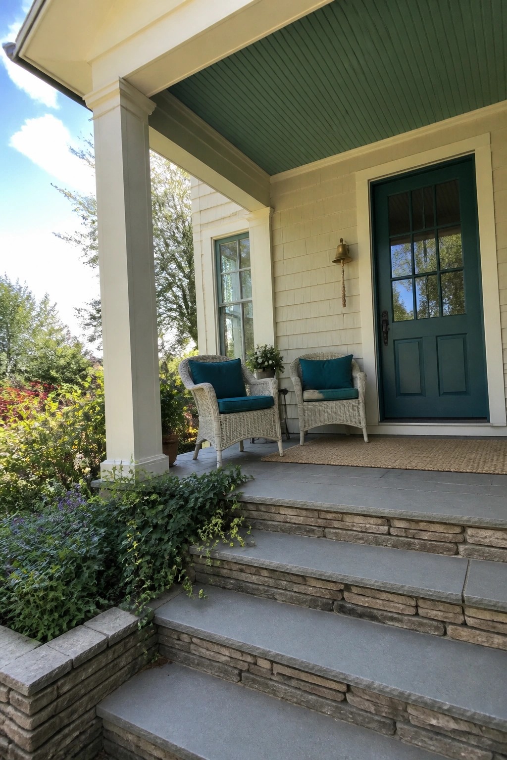 Front porch with two wicker chairs, teal door, and stone steps