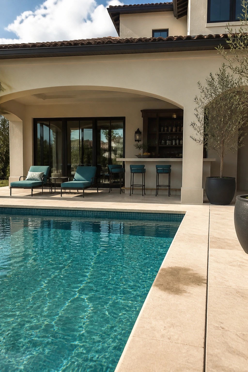A poolside patio with teal lounge chairs and bar stools arranged in front of a cream stucco house with an outdoor bar under an arch.