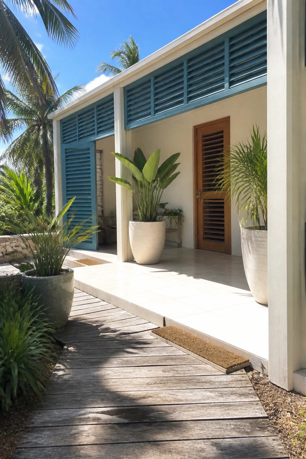 A cream house exterior with teal shutters, a wooden door, large potted plants, and a wooden walkway leading to the entrance.