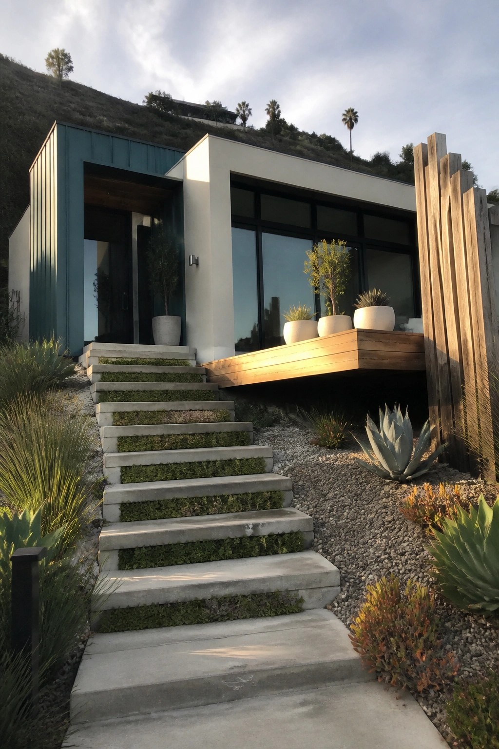 Modern house exterior showing teal corrugated metal siding on the left section and cream walls on the right, with concrete steps leading to the entry.