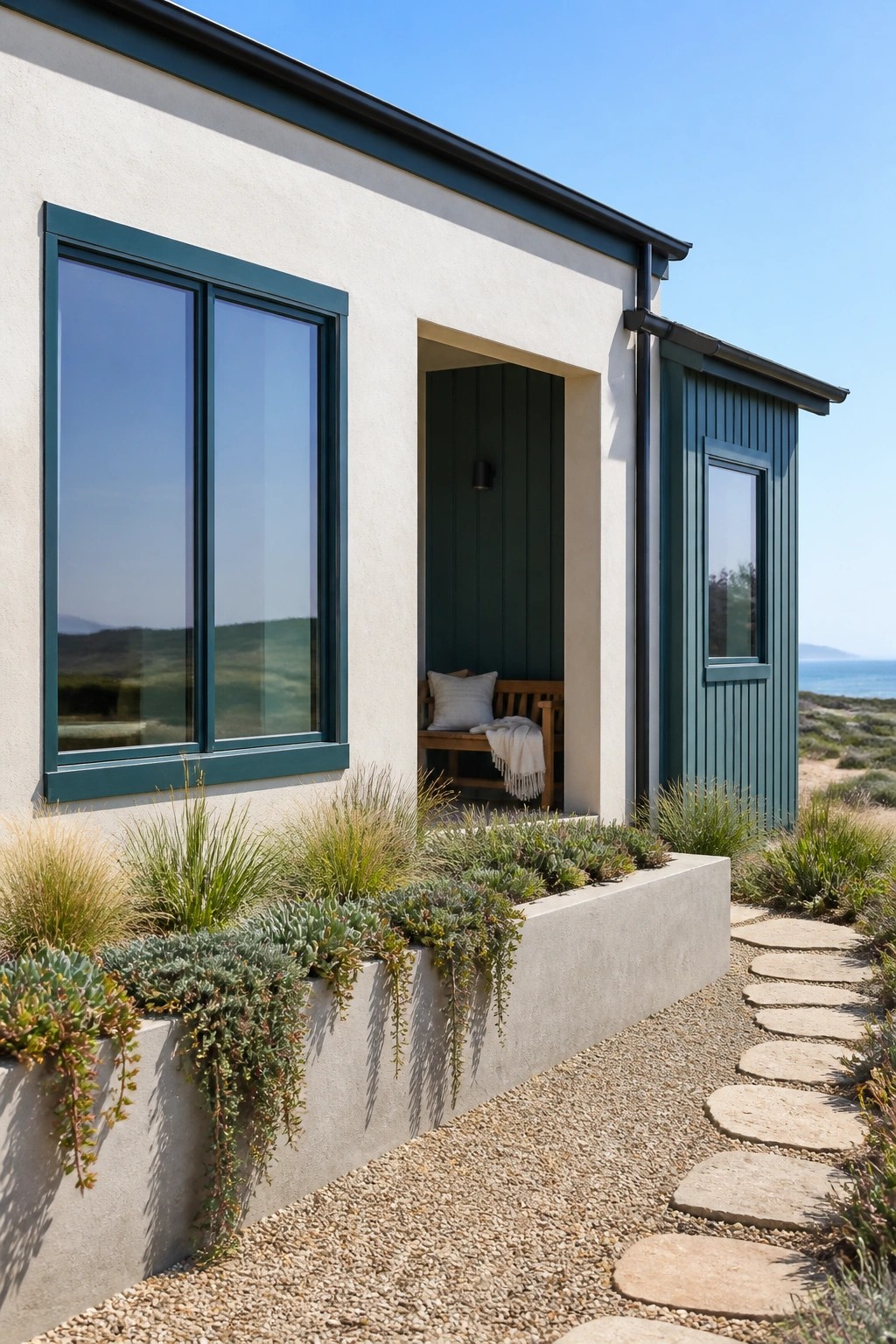 A cream stucco house exterior features teal-framed windows, a recessed entry with a wooden bench, and a concrete planter with succulents beside a stone pathway.