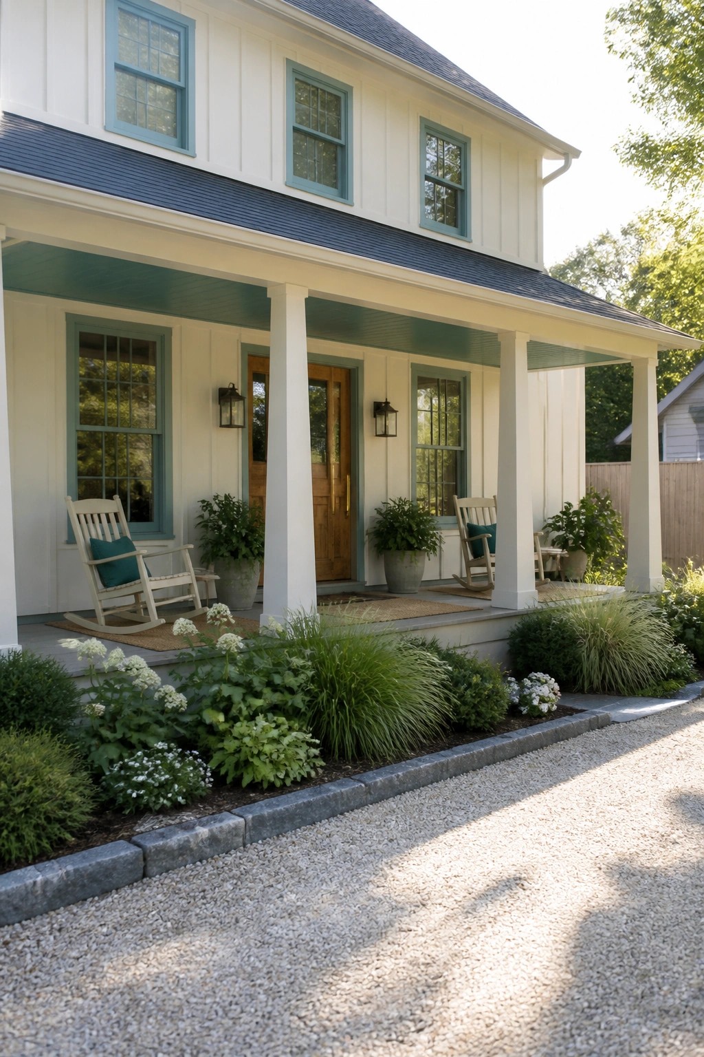 A two-story cream house with teal window frames, white columns, and a porch lined with rocking chairs and potted plants.