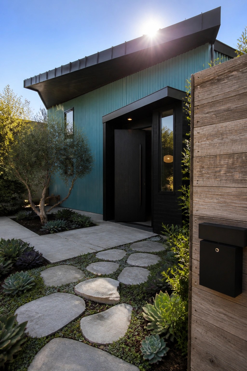 A teal corrugated metal house with black metal roofing, black entry door, and a stone path through low succulents.
