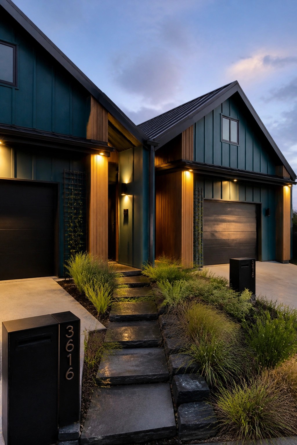 Modern two-story house with teal siding, black metal roof, wood accents, black garage doors, and stone steps leading to the front entry.