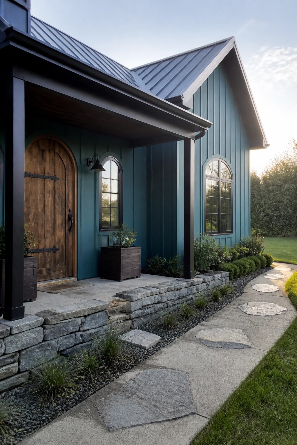 A teal house with black metal roofing, black porch posts, an arched wooden door, and arched windows along the front.