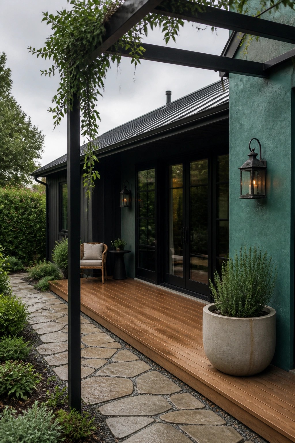 A house exterior with teal stucco walls, black metal roofing, black-framed glass doors, a wooden deck, and a black metal pergola.