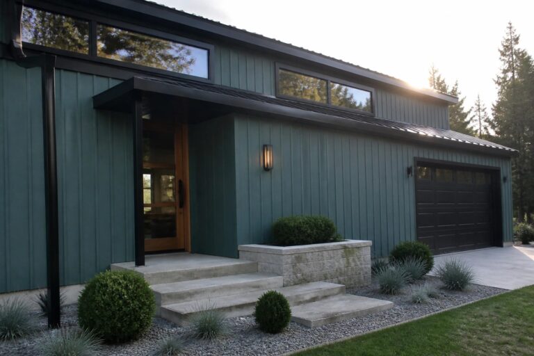 Modern teal house with wooden door, concrete steps, black planter, and gravel landscaping.