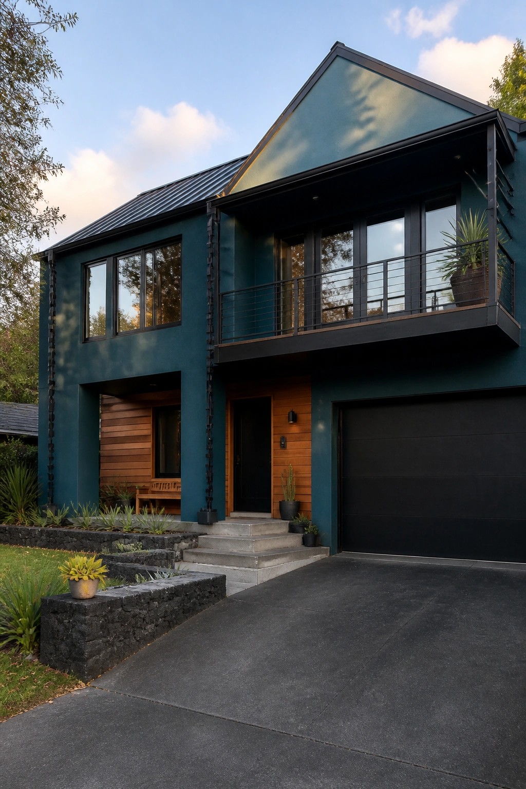 A two-story modern house with deep teal siding, a black metal roof, a second-floor balcony, and a black garage door.