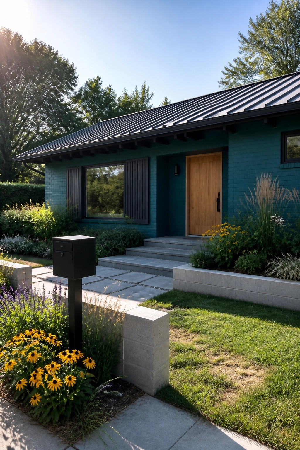 A teal brick house exterior with black metal roofing, a wooden front door, and concrete steps, viewed from the front yard with landscaping.