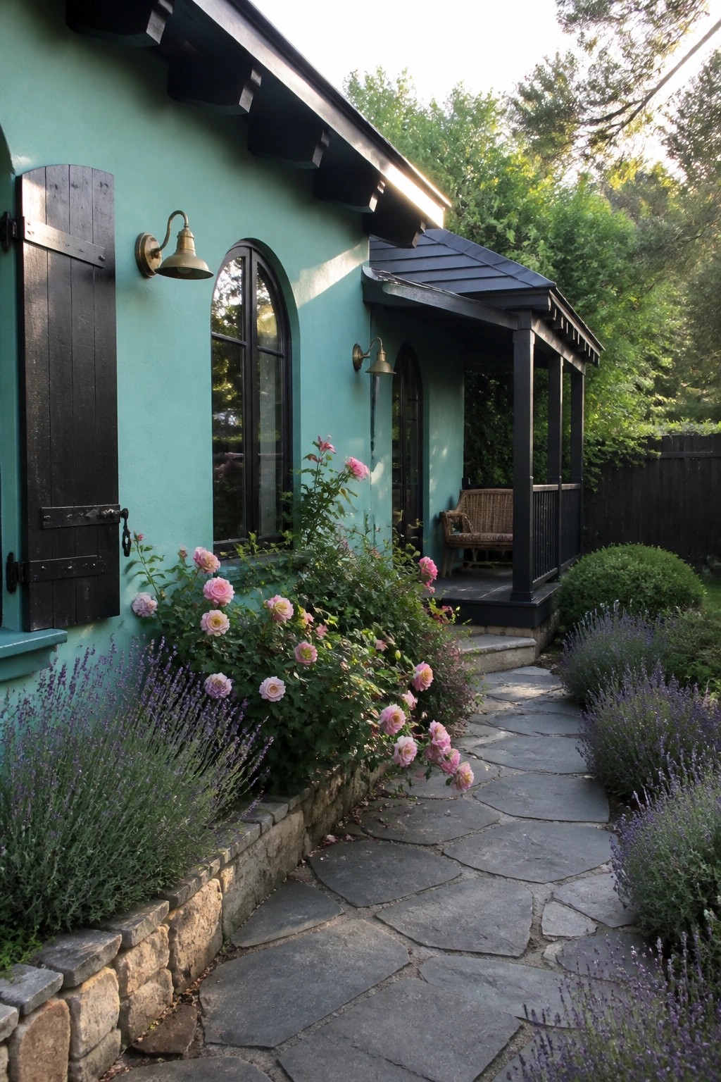 A teal house exterior with black shutters, black metal roof, and a covered porch, viewed from a stone pathway bordered by lavender and pink roses.