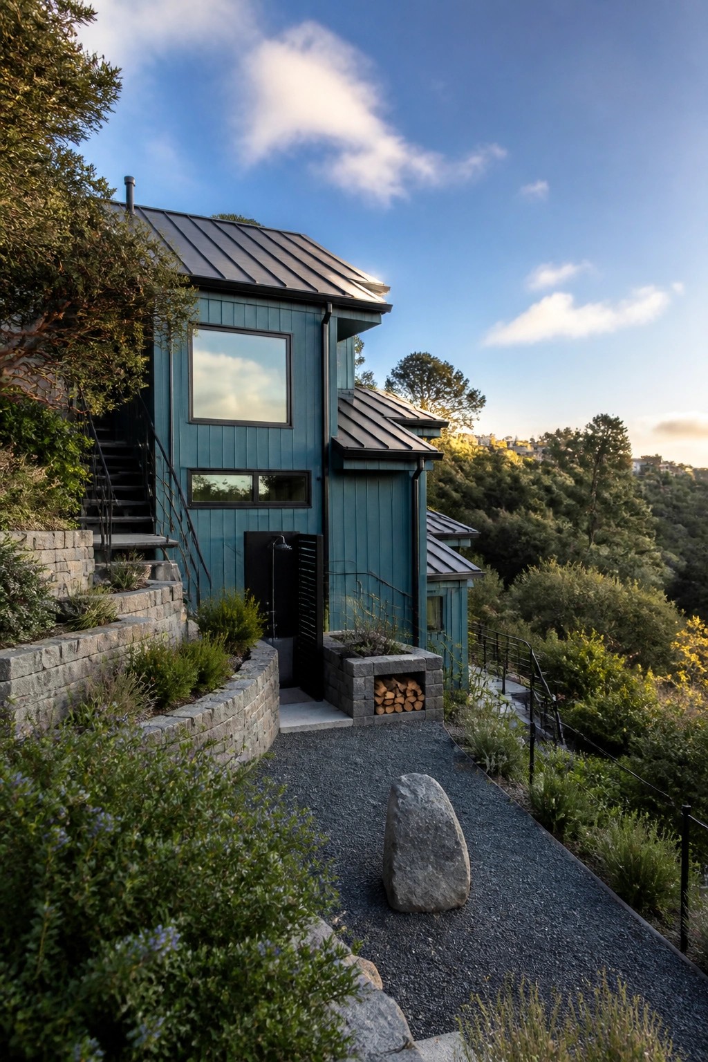 Modern teal hillside house with outdoor shower, stacked firewood, and gravel path