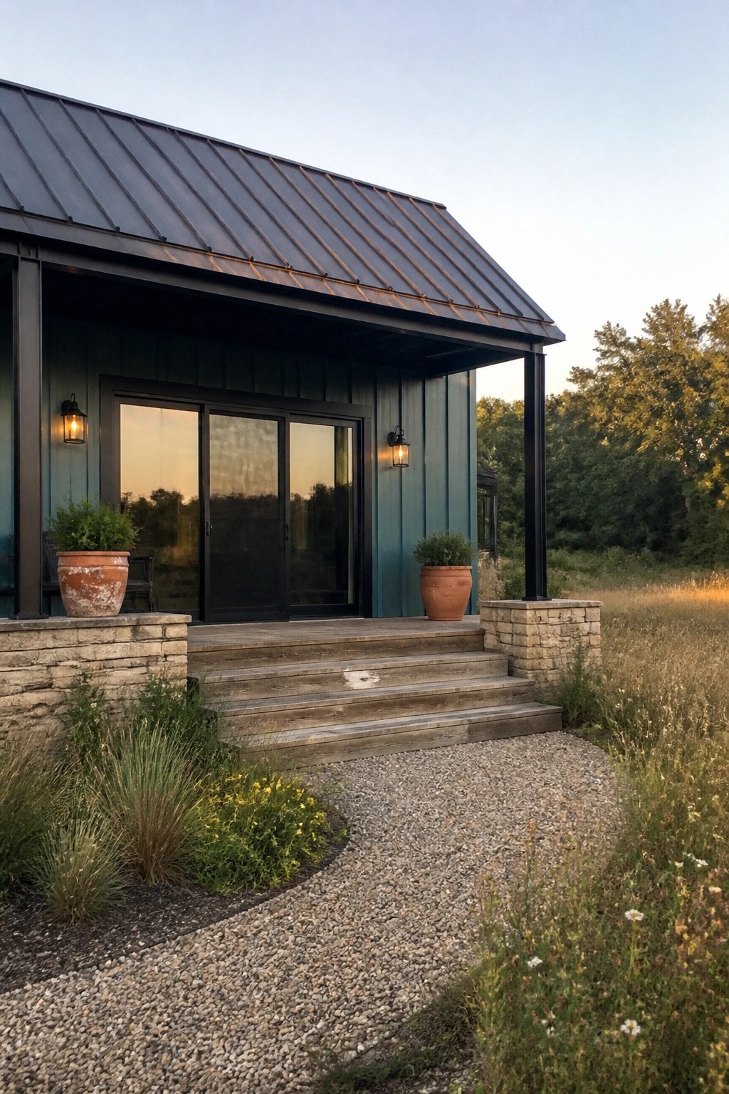 Modern teal house with metal roof, wooden porch steps, and stone pillars