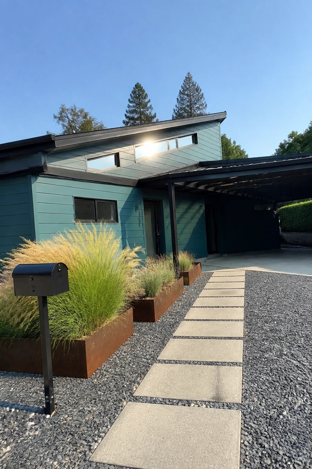A modern single-story house with teal horizontal siding, black metal roof and trim, a black mailbox on a post, and a concrete paver path through gravel.