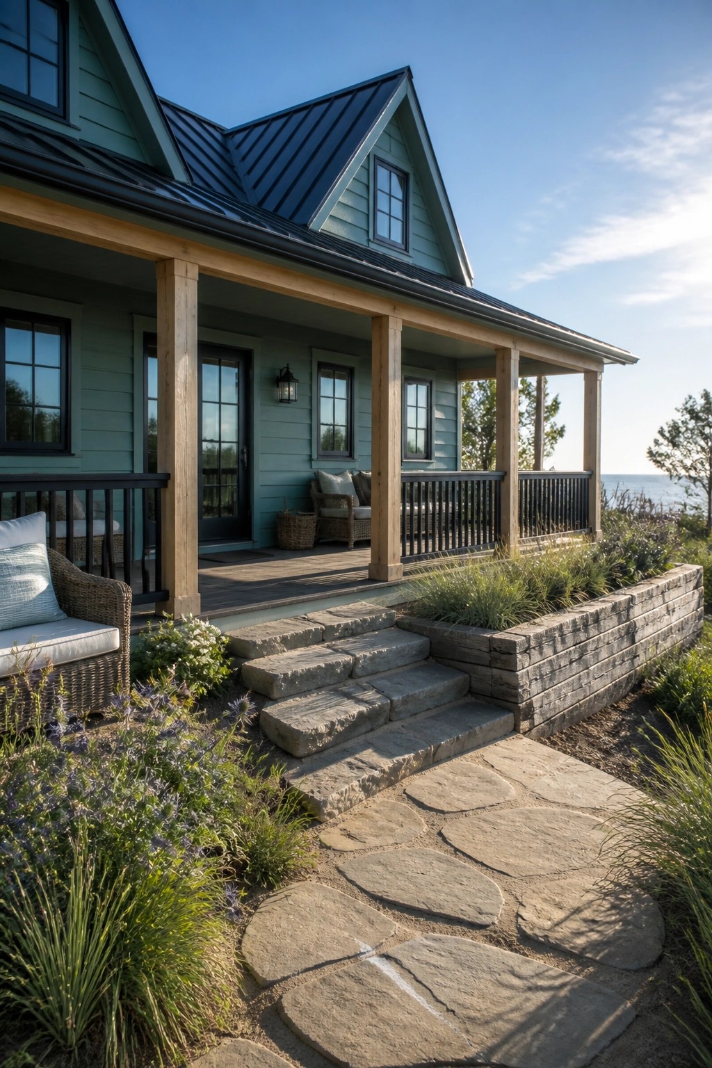 Sage green coastal house with porch, stone path and steps overlooking ocean.