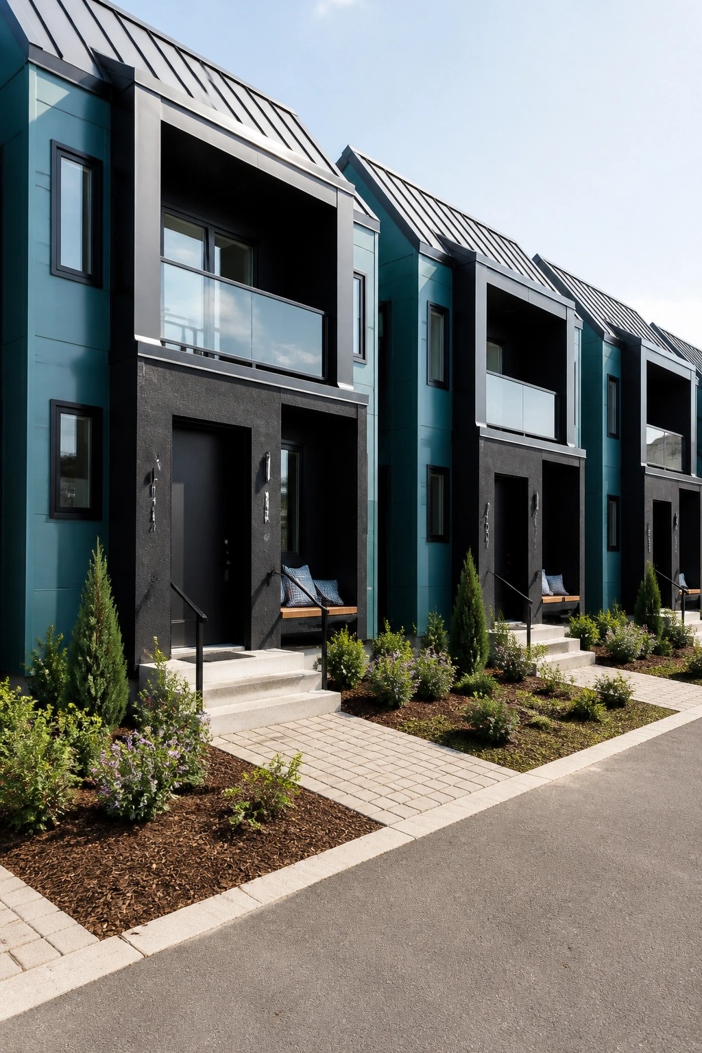 A row of modern townhomes with teal siding, black metal roofing, black trim, and small front balconies along a street.