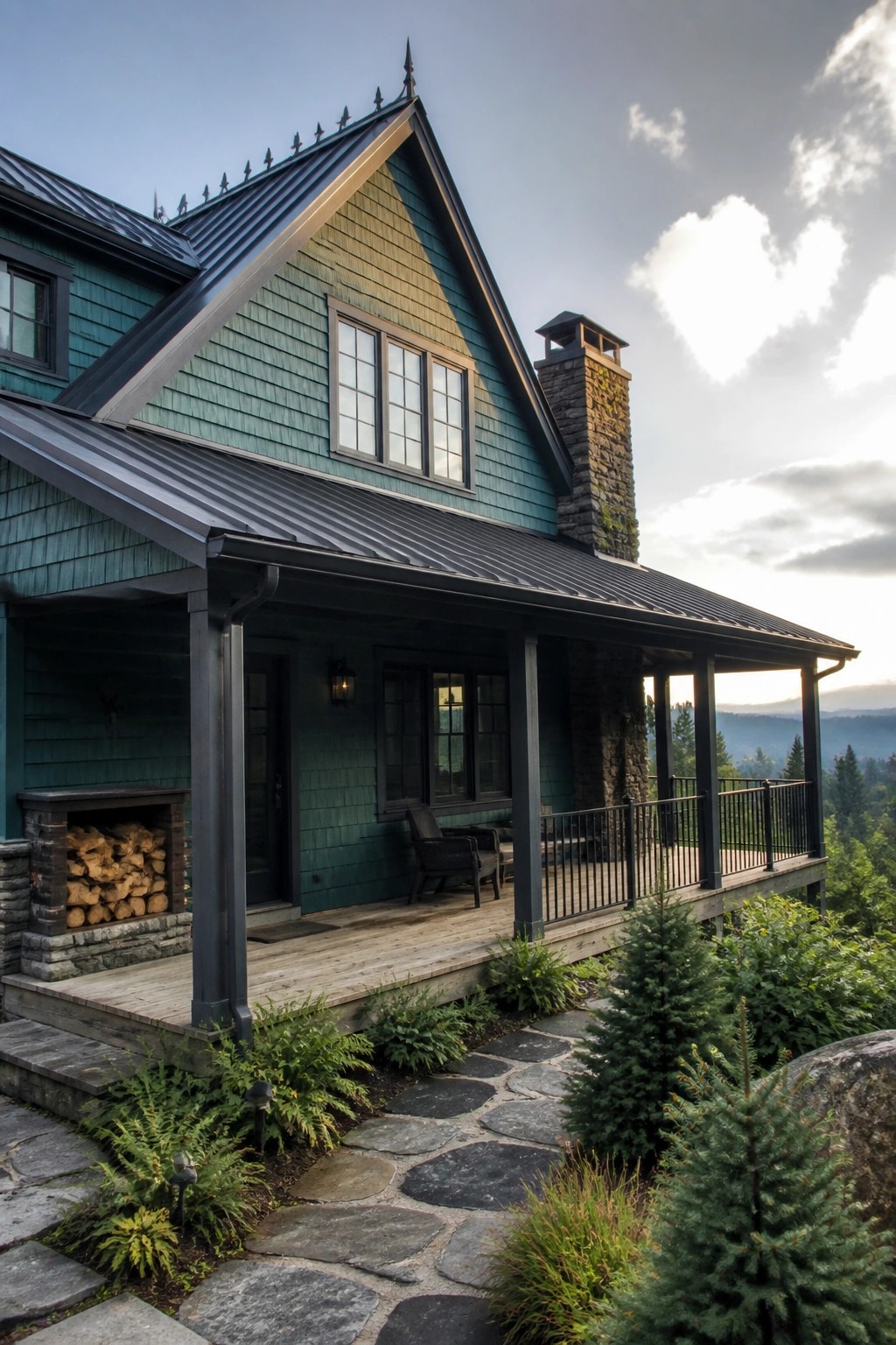 Teal wooden house with dark roof, stone chimney, porch, and mountain view.