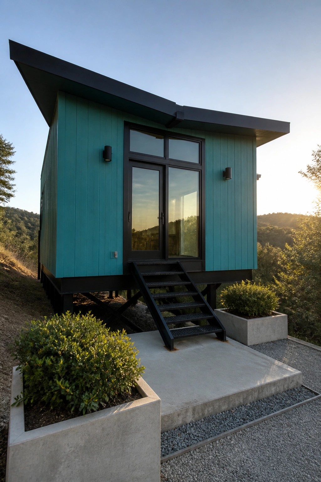 A small modern house with teal vertical siding, a black metal roof, black-framed windows and door, and black exterior stairs leading to a concrete entry pad, set on a hillside with trees in the background.
