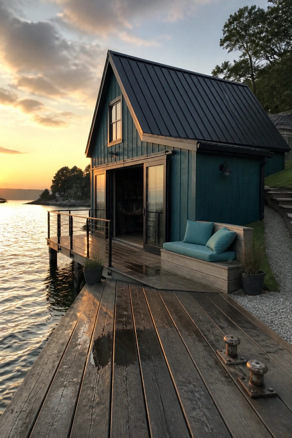 Teal cabin with black roof on wooden dock by water at sunset