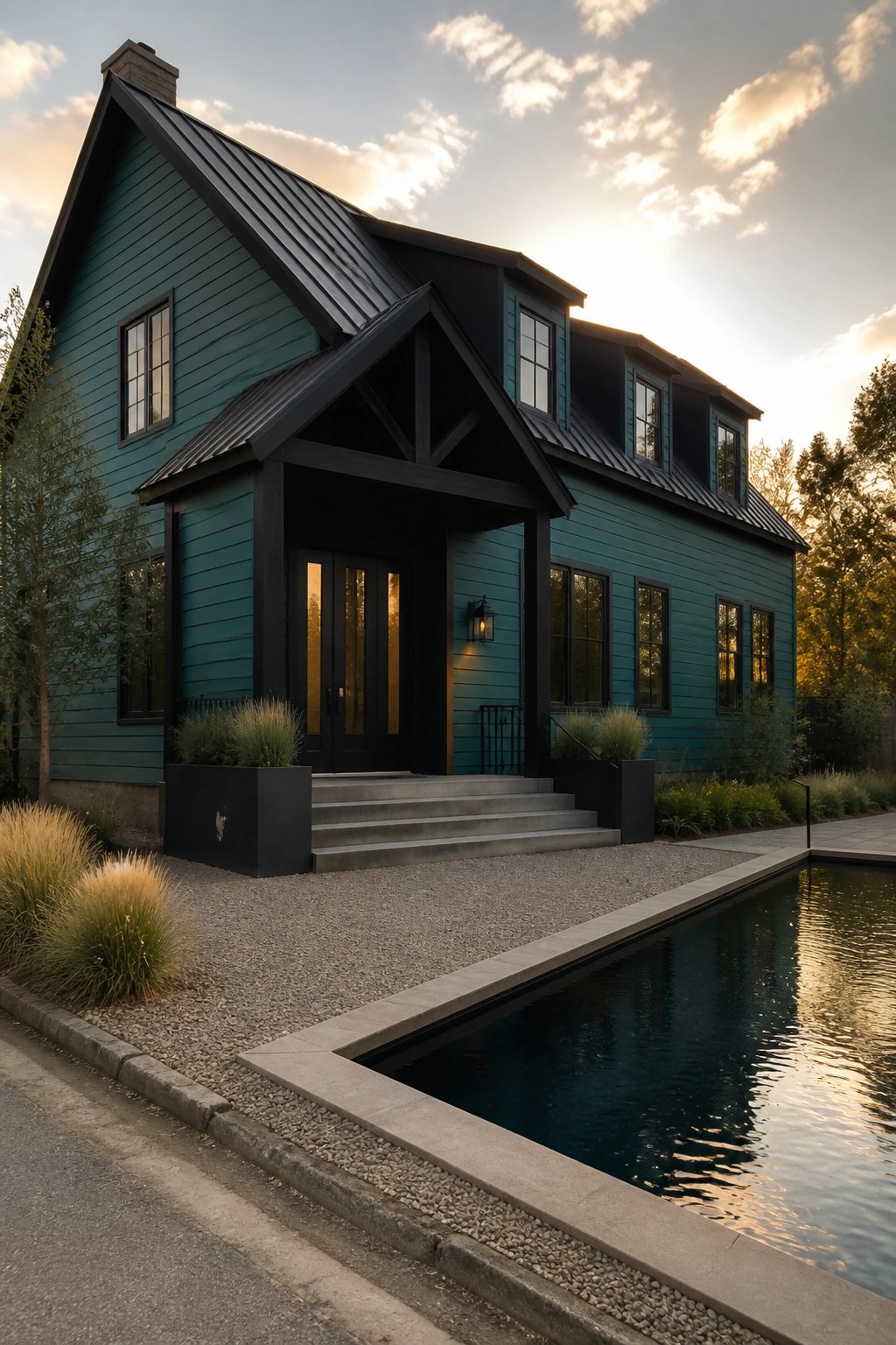A teal house exterior with black metal roofing, black trim around windows and doors, a covered entry with steps, and a rectangular pool along the gravel driveway.