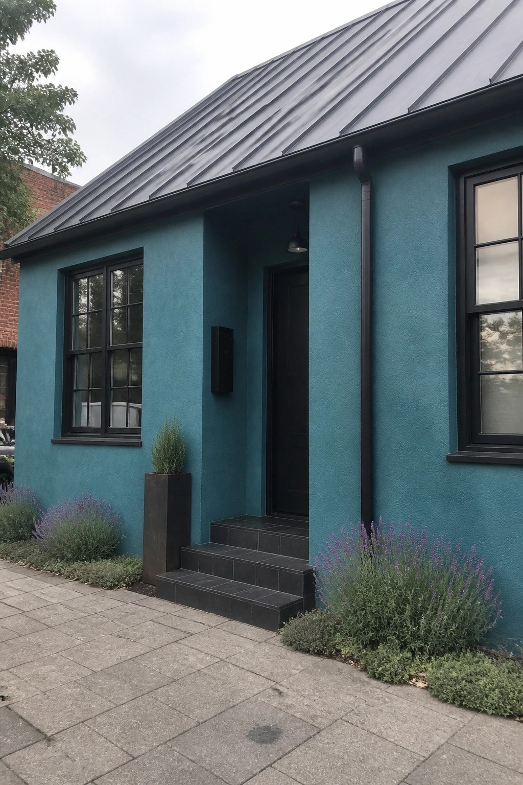 Teal stucco house with black metal roof, door, windows, steps, and lavender plants.