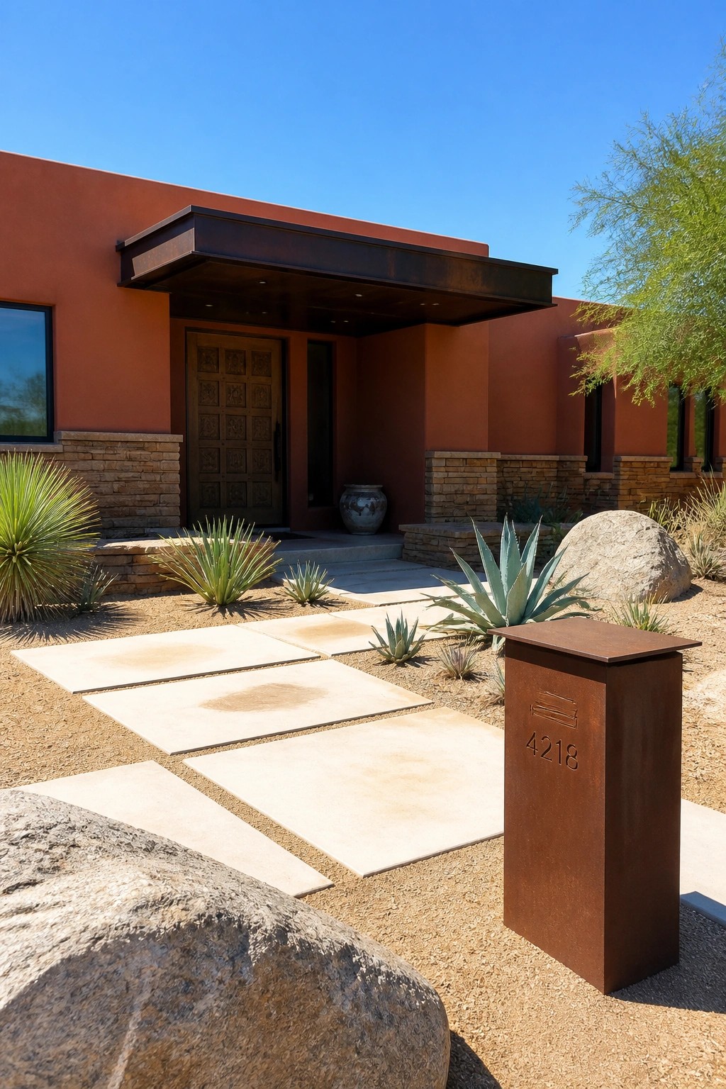 Front view of an orange stucco ranch house with a wide dark metal overhang above a carved wooden door, stone accents at the base, and a concrete pathway through desert landscaping.