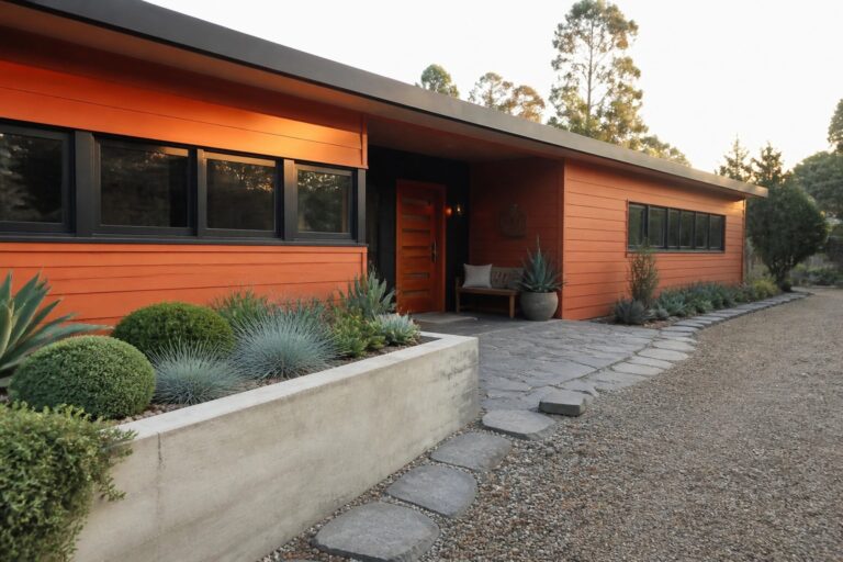 A single-story ranch house exterior with orange horizontal siding, a low black roof overhang, a row of black-framed windows, a vertical wood slat door, and a concrete planter with succulents beside a stone path.