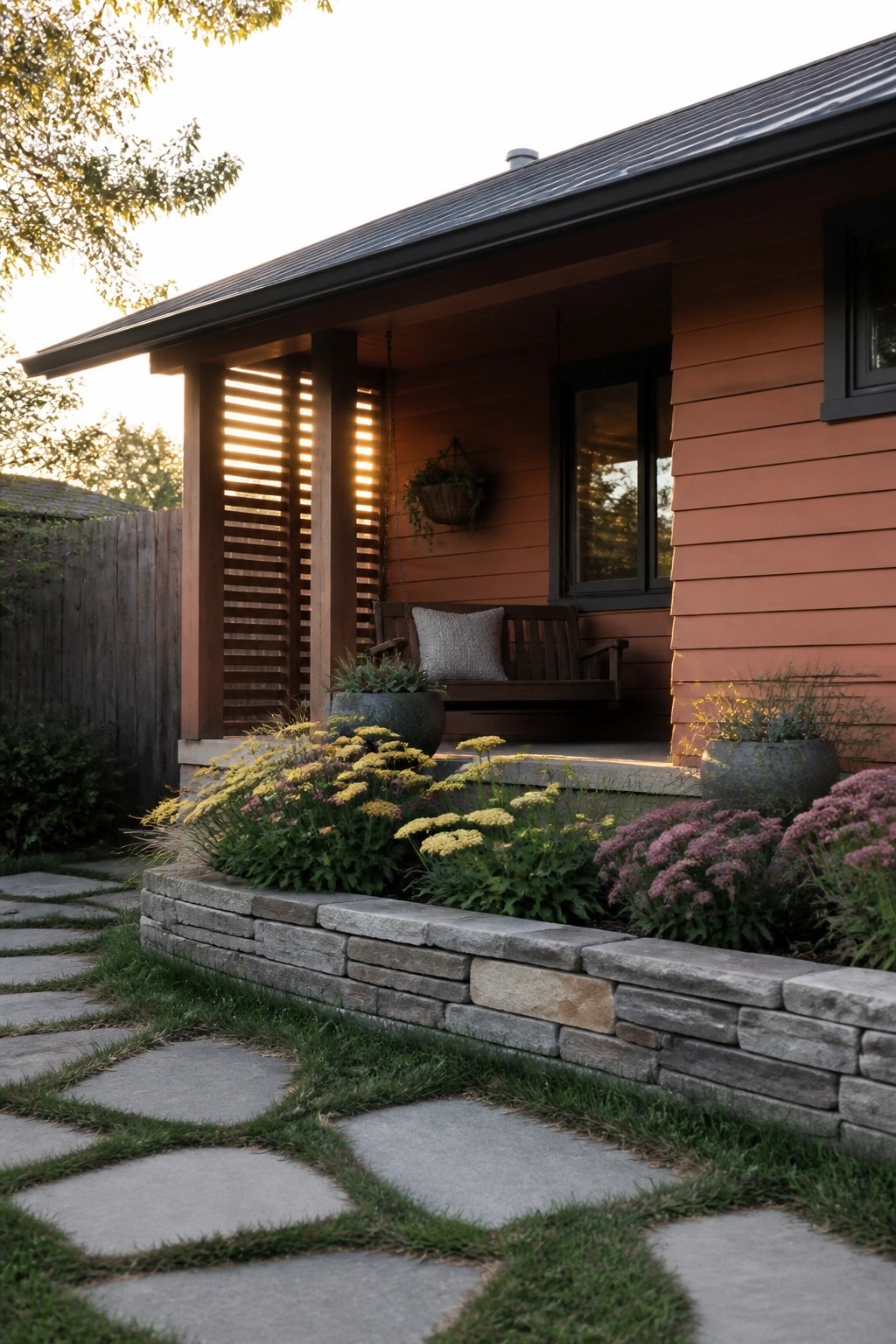 Stone path beside colorful flower garden at wooden house porch with swing.