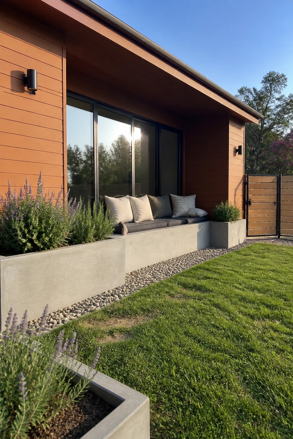 A ranch house exterior with orange horizontal siding, large windows, and a long built-in concrete bench under the windows bordered by gravel and plants.