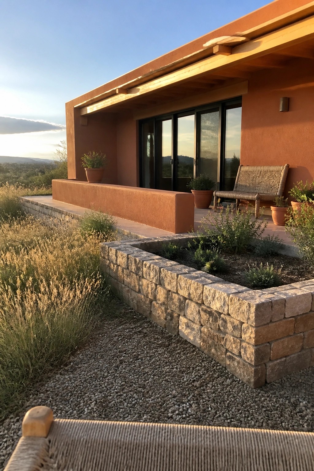 A single-story orange stucco house with a low extended facade, long roof overhang, sliding glass doors, and a stone retaining wall along the front.