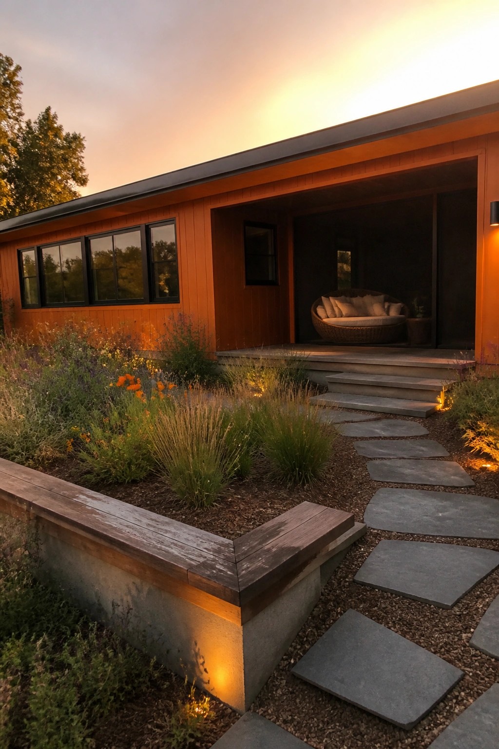 Modern wooden house with stone path, wildflower garden, and warm porch lights at dusk