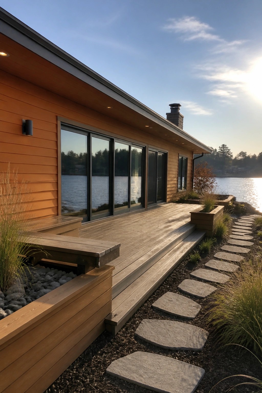 Modern orange wooden lakeside home with deck, large windows, stone path by water