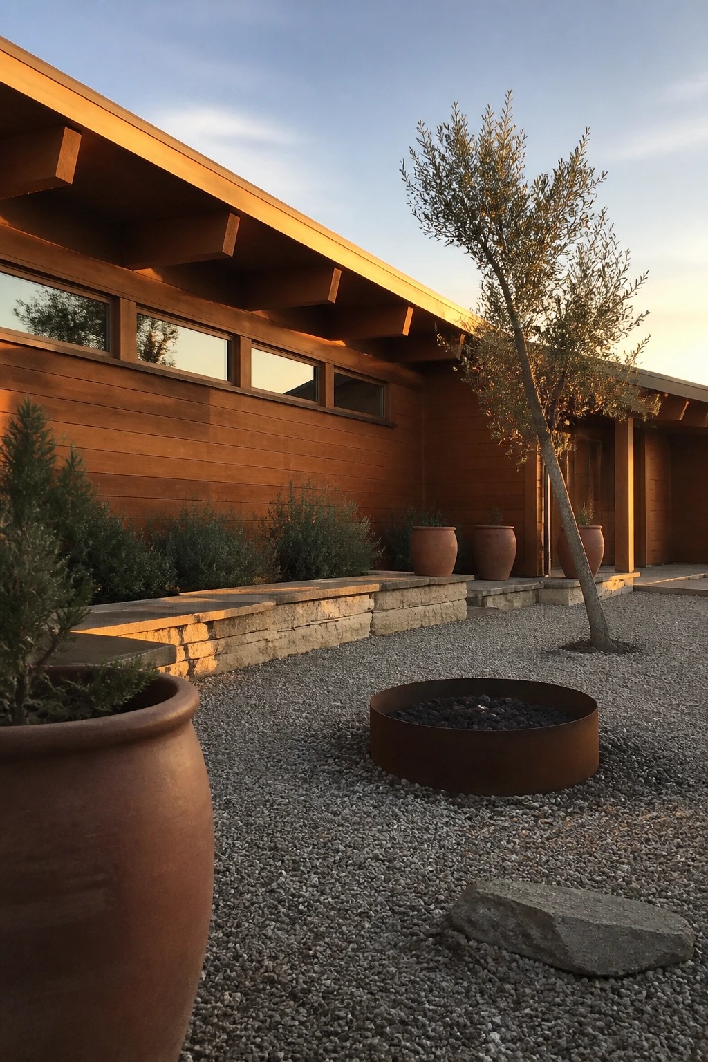 A low ranch house exterior with horizontal wood siding, a row of windows, and a gravel courtyard containing a fire pit and terracotta pots.
