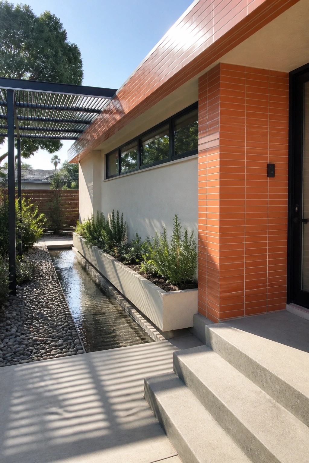 Modern house with orange tiled walls, concrete steps, and narrow water channel