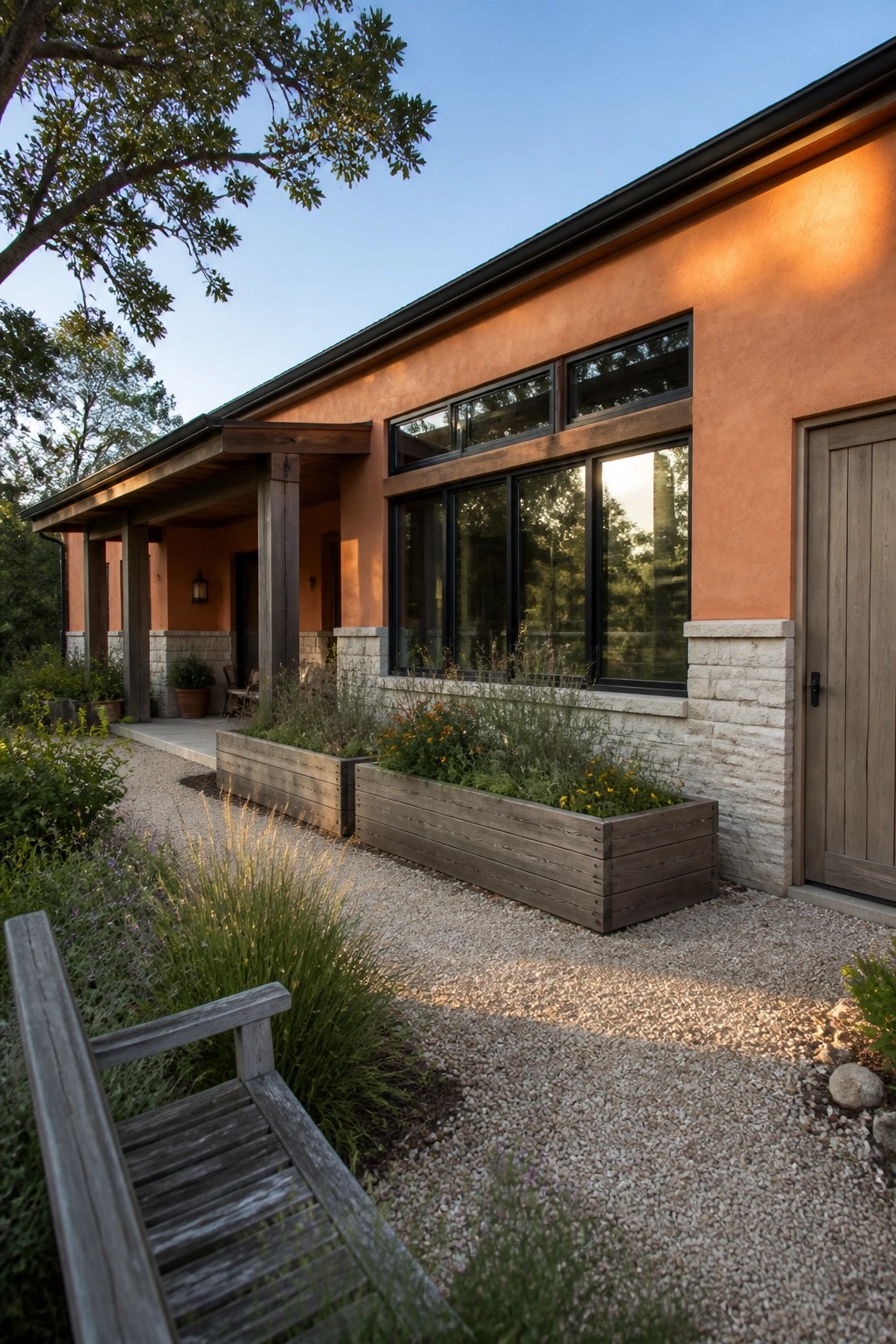 A single-story ranch house with orange stucco walls, long black-framed windows, wooden support beams, and extended wooden planter boxes filled with low plants beside a gravel path.
